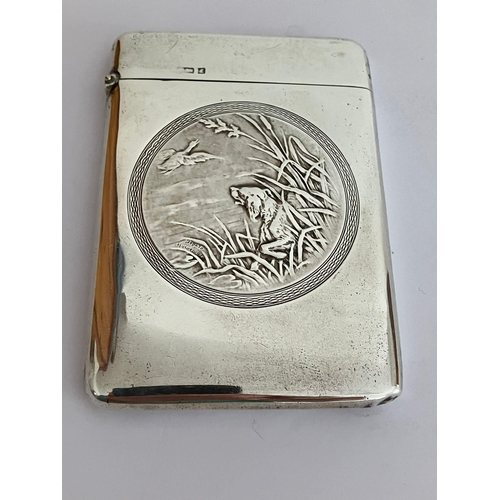 146 - Rare Antique Solid SILVER CARD CASE Having raised picture by HUGUENIN FRERES of dog and geese. Clear... 