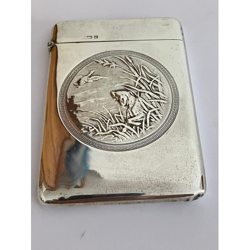 146 - Rare Antique Solid SILVER CARD CASE Having raised picture by HUGUENIN FRERES of dog and geese. Clear... 