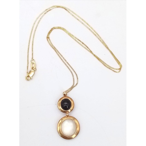 155 - A 2007 Hallmarked (Unworn Condition), 9 Carat Yellow Gold Rainbow Moonstone and Onyx Pendant Necklac... 