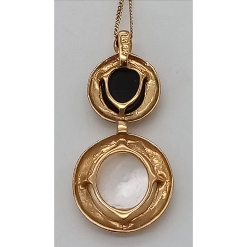 155 - A 2007 Hallmarked (Unworn Condition), 9 Carat Yellow Gold Rainbow Moonstone and Onyx Pendant Necklac... 