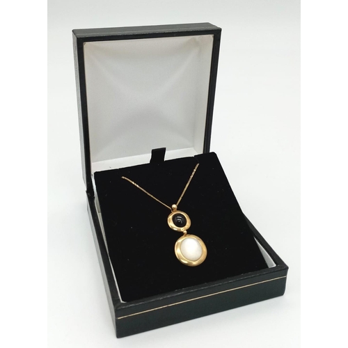 155 - A 2007 Hallmarked (Unworn Condition), 9 Carat Yellow Gold Rainbow Moonstone and Onyx Pendant Necklac... 