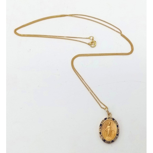 162 - An Excellent Condition 9 Carat Yellow Gold Miraculous Medallion Madonna Pendant Necklace 46cm Length... 