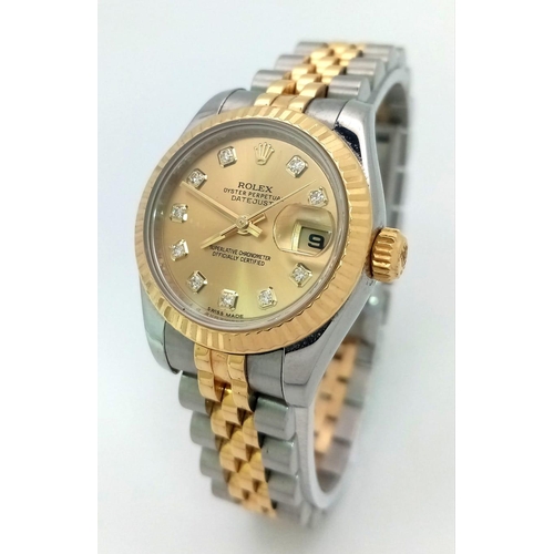 165 - AN UPDATED STYLE LADIES ROLEX OYSTER PERPETUAL DATEJUST BI-METAL WATCH WITH DIAMOND NUMERALS .  26mm