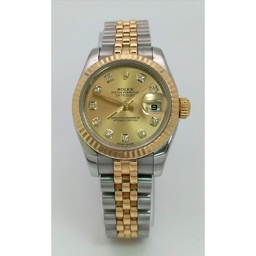 165 - AN UPDATED STYLE LADIES ROLEX OYSTER PERPETUAL DATEJUST BI-METAL WATCH WITH DIAMOND NUMERALS .  26mm