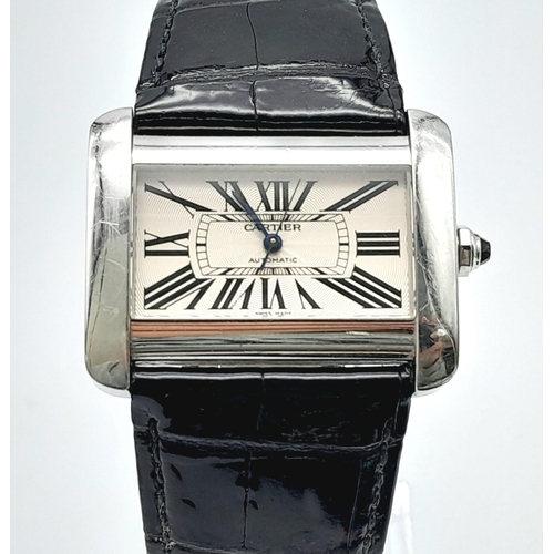 53 - A Cartier Tank Divan Ladies Watch. Black alligator strap. Stainless steel case - 38 x 30mm. Automati... 