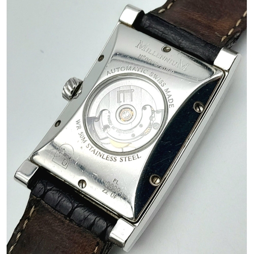 67 - A DUNHILL STAINLESS STEEL TANK STYLE WATCH WITH FACETED GLASS FACE ON A BLACK LEATHER STRAP .  25 X ... 