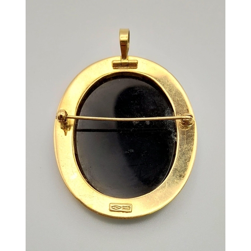 164 - A VINTAGE 18K YELLOW GOLD CAMEO & BLACK ONYX SET BROOCH/PENDANT. TOTAL WEIGHT 16.12G. TOTAL LENGTH A... 