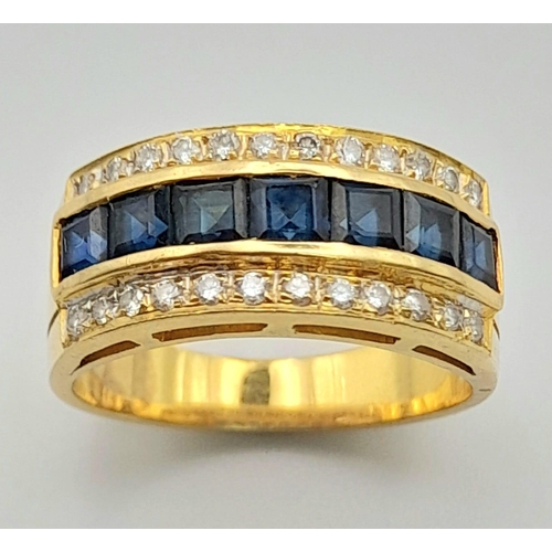 184 - A Stylish 18K Yellow Gold, Sapphire and Diamond Ring. Seven square cut sapphires in-between two rows... 