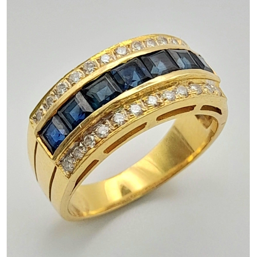 184 - A Stylish 18K Yellow Gold, Sapphire and Diamond Ring. Seven square cut sapphires in-between two rows... 