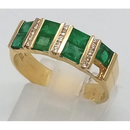 199 - A FANCY 18K YELLOW GOLD DIAMOND & EMERALD RING, ONE STONE IS MISSING. TOTAL WEIGHT 4.4G. SIZE O. PLE... 