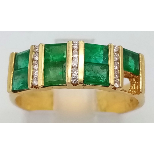 199 - A FANCY 18K YELLOW GOLD DIAMOND & EMERALD RING, ONE STONE IS MISSING. TOTAL WEIGHT 4.4G. SIZE O. PLE... 