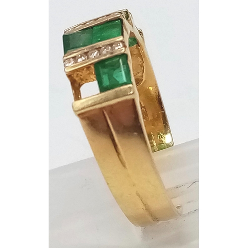 199 - A FANCY 18K YELLOW GOLD DIAMOND & EMERALD RING, ONE STONE IS MISSING. TOTAL WEIGHT 4.4G. SIZE O. PLE... 