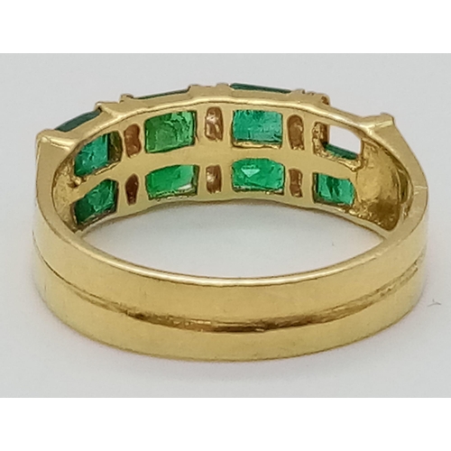 199 - A FANCY 18K YELLOW GOLD DIAMOND & EMERALD RING, ONE STONE IS MISSING. TOTAL WEIGHT 4.4G. SIZE O. PLE... 