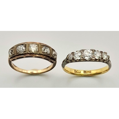 239 - Two Vintage 18K Gold and Diamond Rings. Both five stone -each with approx 1ct of diamonds. Sizes N a... 