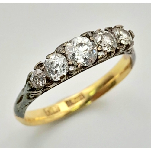 239 - Two Vintage 18K Gold and Diamond Rings. Both five stone -each with approx 1ct of diamonds. Sizes N a... 