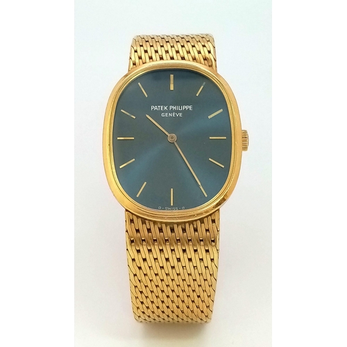 282 - A PATEK PHILIPPE 18K GOLD GENTS  GENEVE WRIST WATCH WITH SOLID 18K GOLD STRAP , STRIKING BLUE OVAL S... 