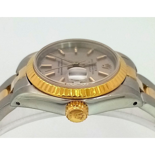 93 - A LADIES BI-METAL ROLEX OYSTER PERPETUAL DATEJUST WITH LATEST STYLE STRAP , SILVERTONE DIAL IN AS NE... 