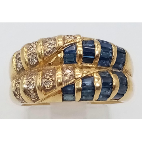 192 - A 18K YELLOW GOLD DIAMOND & SAPPHIRE RING. TOTAL WEIGHT 5.3G. SIZE L.