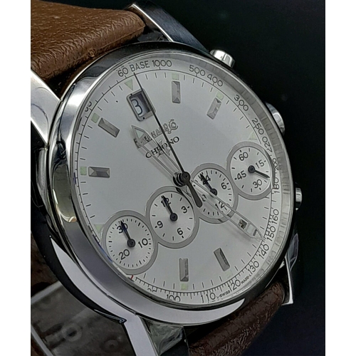 226 - AN EBERHARD AND CO CHRONO 4 UNIQUE DESIGN WATCH WITH 4 SUBDIALS  AND DATE BOX . ON THE ORIGINAL BROW... 