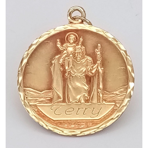 276 - A 9 K yellow gold pendant with St Christopher on one side and a lovely poem on the other. Diameter: ... 