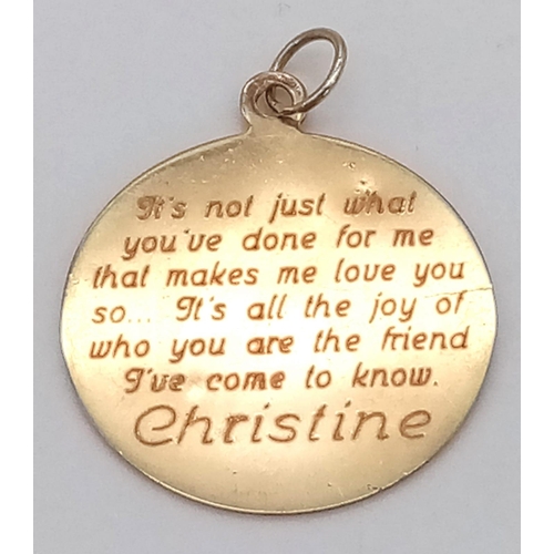 276 - A 9 K yellow gold pendant with St Christopher on one side and a lovely poem on the other. Diameter: ... 