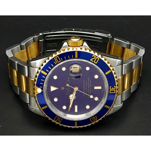 65 - A ROLEX SUBMARINER WATCH WITH STUNNING BLUE DIAL AND MATCHING BLUE BEZEL , BI-METAL STRAP . EVERY MA... 