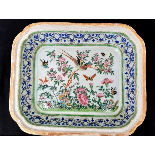 22 - An Antique 18th Century Chinese Hand Painted Ceramic Dish with Cover. Floral and wildlife decoration... 