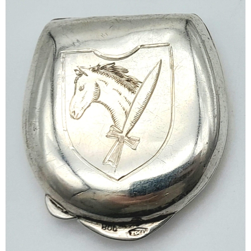 229 - 3 rd Reich .800 Silver Horseshoe Shaped Snuff Box. Hand Engraved with the insignia of the 8 th SS Ca... 