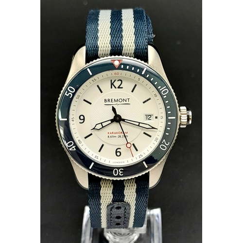 25 - A Bremont Supermarine Karakoram Gents Watch. Striped textile Bremont strap. Stainless steel case - 4... 