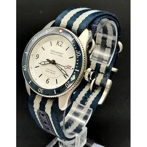 25 - A Bremont Supermarine Karakoram Gents Watch. Striped textile Bremont strap. Stainless steel case - 4... 