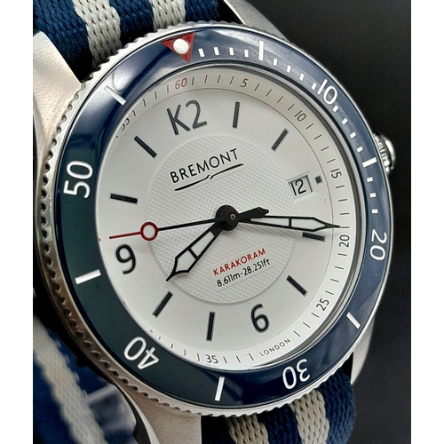 25 - A Bremont Supermarine Karakoram Gents Watch. Striped textile Bremont strap. Stainless steel case - 4... 