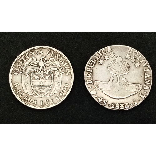 235 - An 1830 Bolivian 4 Soles Silver Coin and a 1916 Colombian 50 cents Silver Coin.