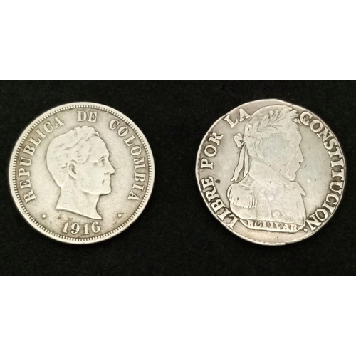 235 - An 1830 Bolivian 4 Soles Silver Coin and a 1916 Colombian 50 cents Silver Coin.