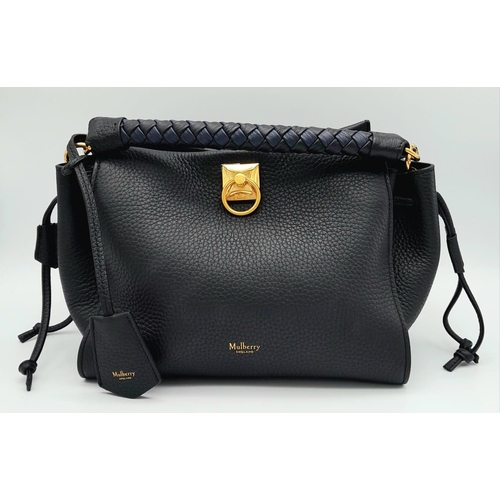 62 - The Mulberry Midnight-Black Iris small Shoulder bag. Braided top handle, detachable fob with foil-em... 