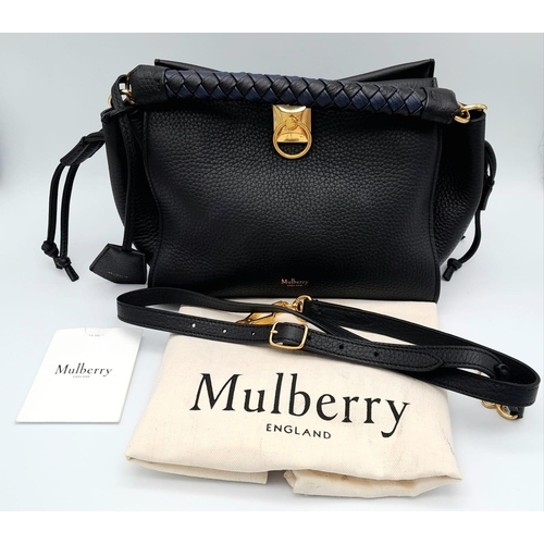 62 - The Mulberry Midnight-Black Iris small Shoulder bag. Braided top handle, detachable fob with foil-em... 