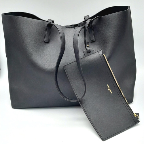 83 - The Classic Black Leather Saint Laurent Tote Bag and Zip Pouch in Grainy Black Calfskin and gold-ton... 