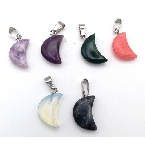 1700 - Six Crescent Shaped Gemstone Pedants. 2cm. Includes amethyst and labradorite.