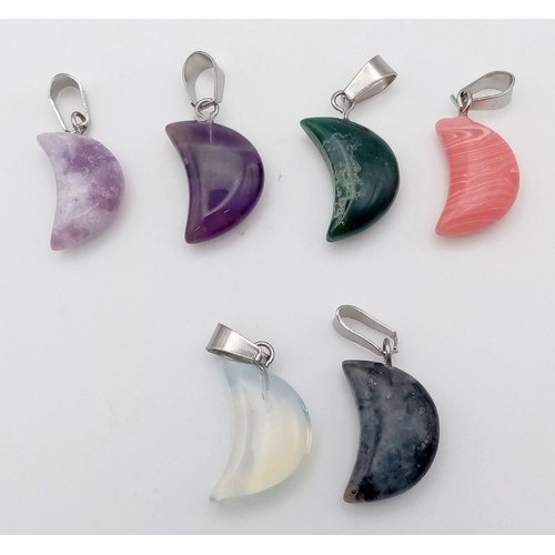 1700 - Six Crescent Shaped Gemstone Pedants. 2cm. Includes amethyst and labradorite.