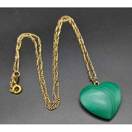 265 - A Vintage Malachite Heart Pendant on a 9K Yellow Gold Necklace. 3cm and 42cm. 7.5g total weight.