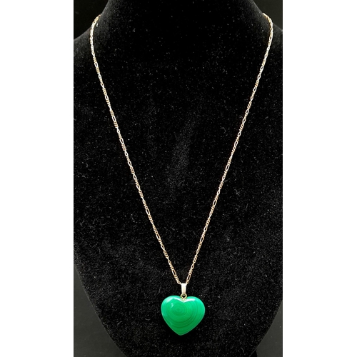 265 - A Vintage Malachite Heart Pendant on a 9K Yellow Gold Necklace. 3cm and 42cm. 7.5g total weight.