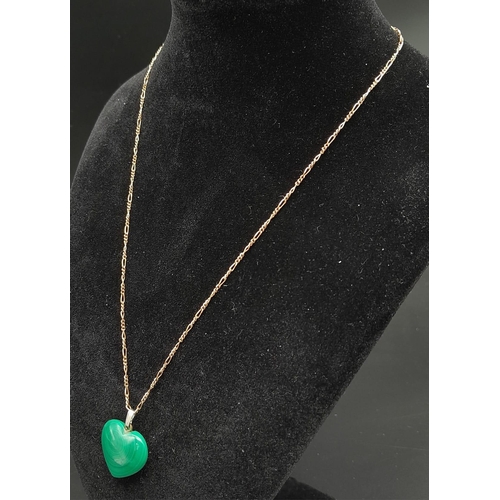 265 - A Vintage Malachite Heart Pendant on a 9K Yellow Gold Necklace. 3cm and 42cm. 7.5g total weight.