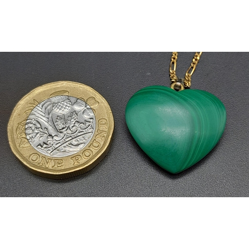 265 - A Vintage Malachite Heart Pendant on a 9K Yellow Gold Necklace. 3cm and 42cm. 7.5g total weight.