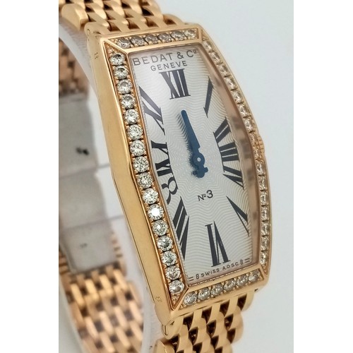 86 - A BEDAT AND CO 18K GOLD LADIES WRIST WATCH WITH DIAMOND BEZEL AND SOLID 18K GOLD STRAP, UNIQUE DESIG... 