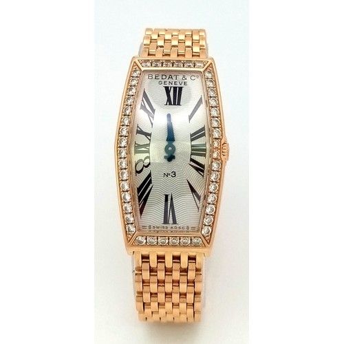 86 - A BEDAT AND CO 18K GOLD LADIES WRIST WATCH WITH DIAMOND BEZEL AND SOLID 18K GOLD STRAP, UNIQUE DESIG... 