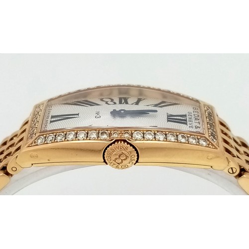 86 - A BEDAT AND CO 18K GOLD LADIES WRIST WATCH WITH DIAMOND BEZEL AND SOLID 18K GOLD STRAP, UNIQUE DESIG... 