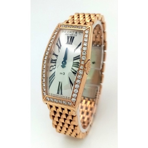 86 - A BEDAT AND CO 18K GOLD LADIES WRIST WATCH WITH DIAMOND BEZEL AND SOLID 18K GOLD STRAP, UNIQUE DESIG... 