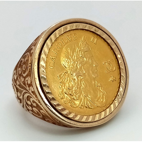 8 - A Commemorative Charles II Gold Sovereign Ring. Set in decorative scrolled 9K gold. Size R/S. 16.7g ... 