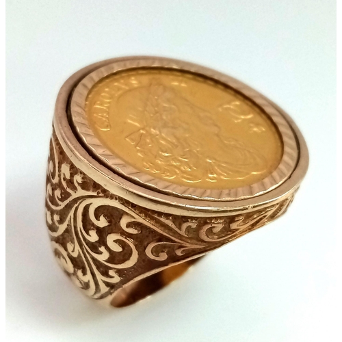 8 - A Commemorative Charles II Gold Sovereign Ring. Set in decorative scrolled 9K gold. Size R/S. 16.7g ... 