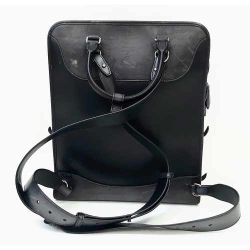 30 - A Berluti Black Leather Satchel. Exterior in scritto leather design with zipped pocket. Spacious bei... 