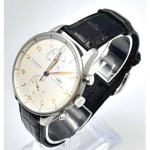 51 - IWC PORTUGUESE CHRONOGRAPH AUTOMATIC WATCH, 40MM CASE, BLACK LEATHER STRAP AND CREAM FACE, GOLD TONE... 